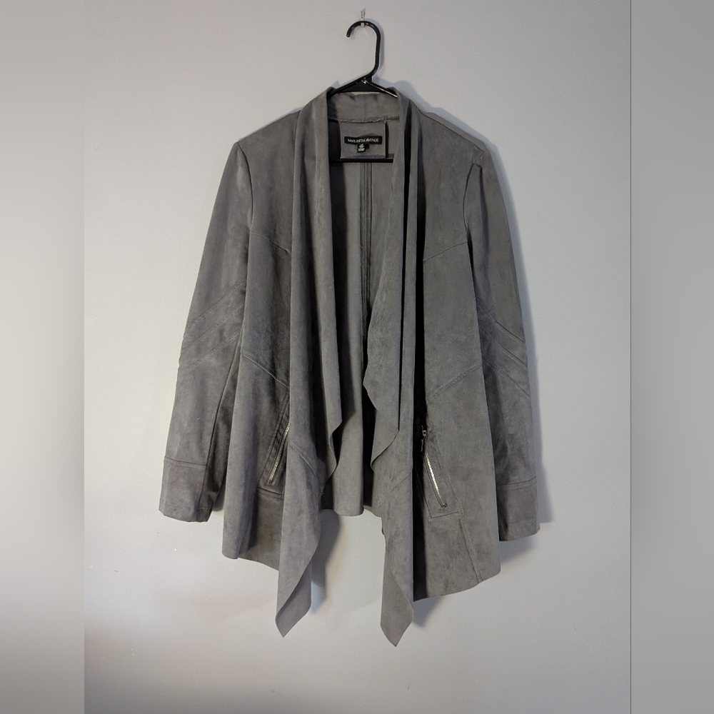 Saks Fifth Avenue Faux Suede Waterfall Drape Jacket Gray Open Front Size‎ L